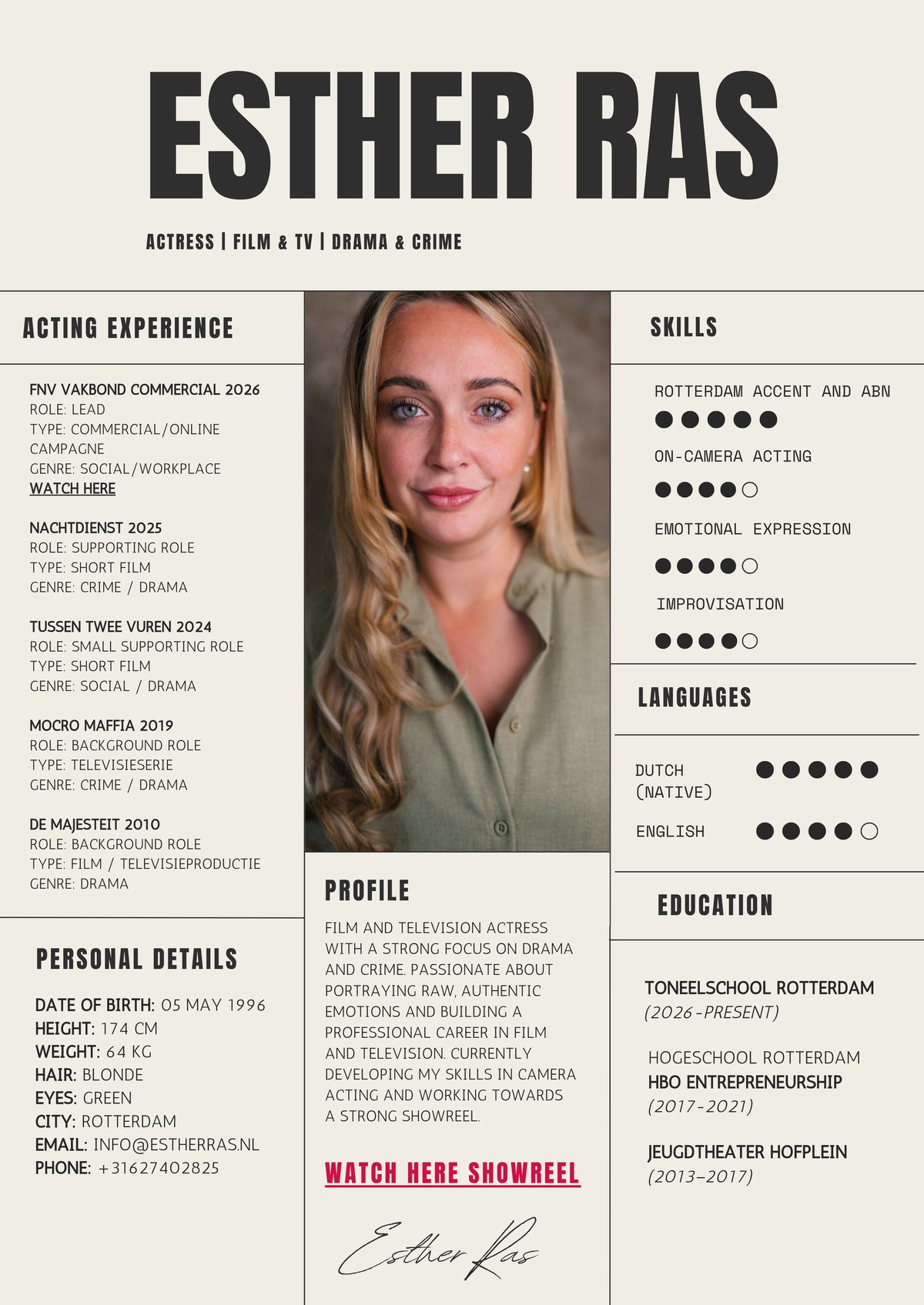 Resume of Esther Ras, Dutch actress, listing her acting experience, skills in languages and on-camera work, and education background